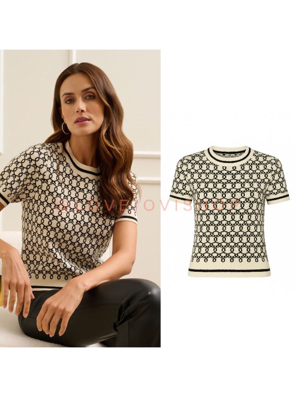 Feminine | Adrianna Papell Fine Knit Intarsia Top | Chain Link Print | Parisian